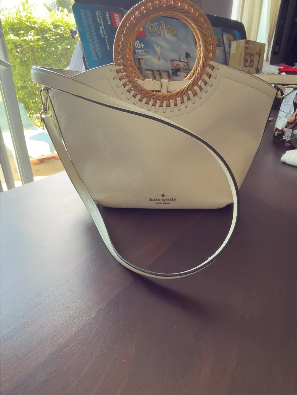 kate spade Nee York Harbor off white  Leather tote with Woven Bamboo Handles
